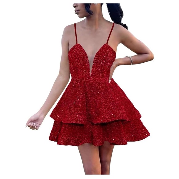 Womens’s Sequin Short Prom Dress with Spaghetti Straps - Picture 3 of 7